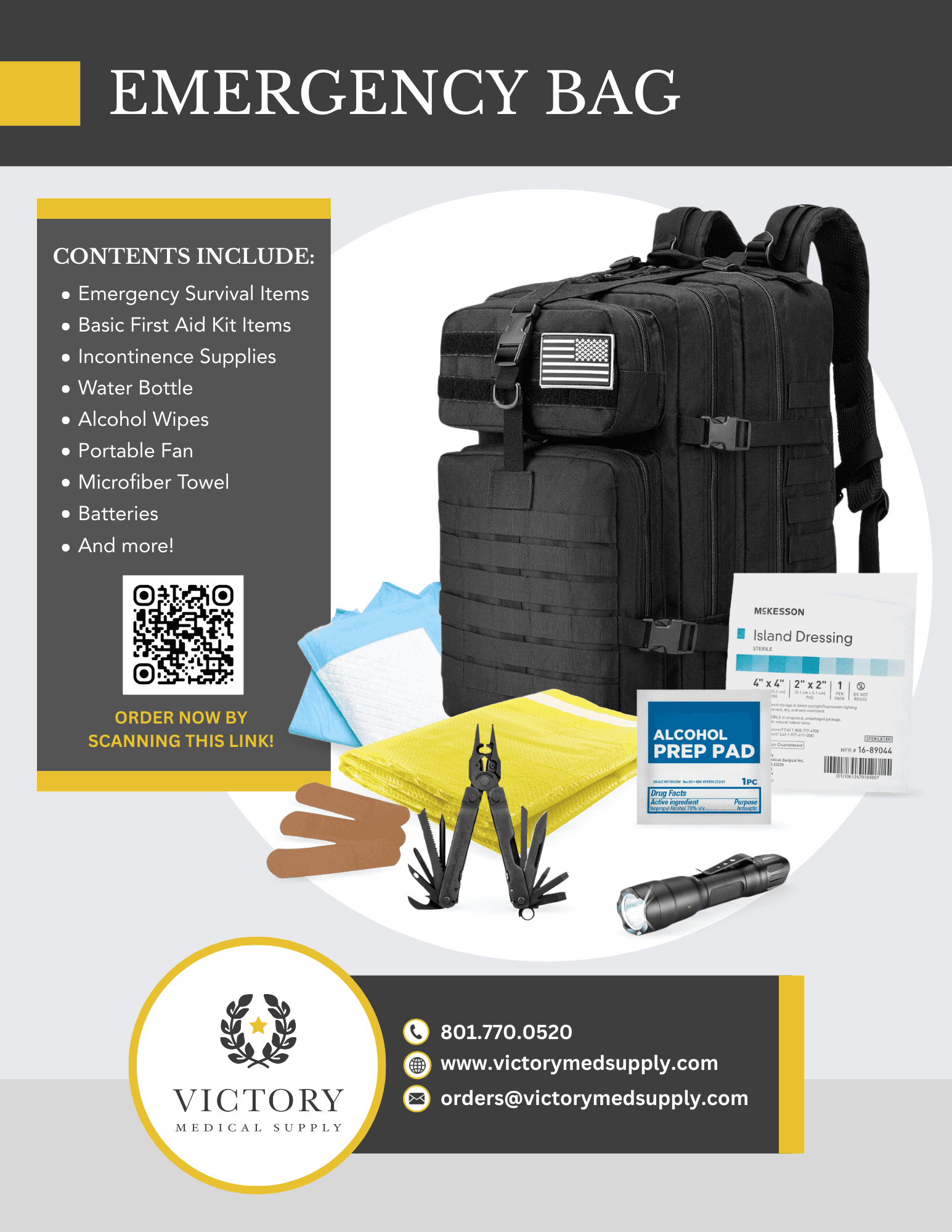Emergency kit poster from Victory Medical Supply